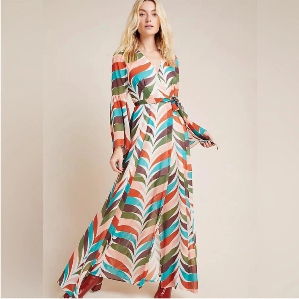 Anthropologie Hutch Sz 1X Elysees Geometric Wrap Maxi Dress Long Sleeve BNWOT